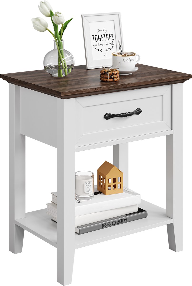 Danky Nachtkastje Hout Wit met Lade en Plank - Modern Bijzettafeltje