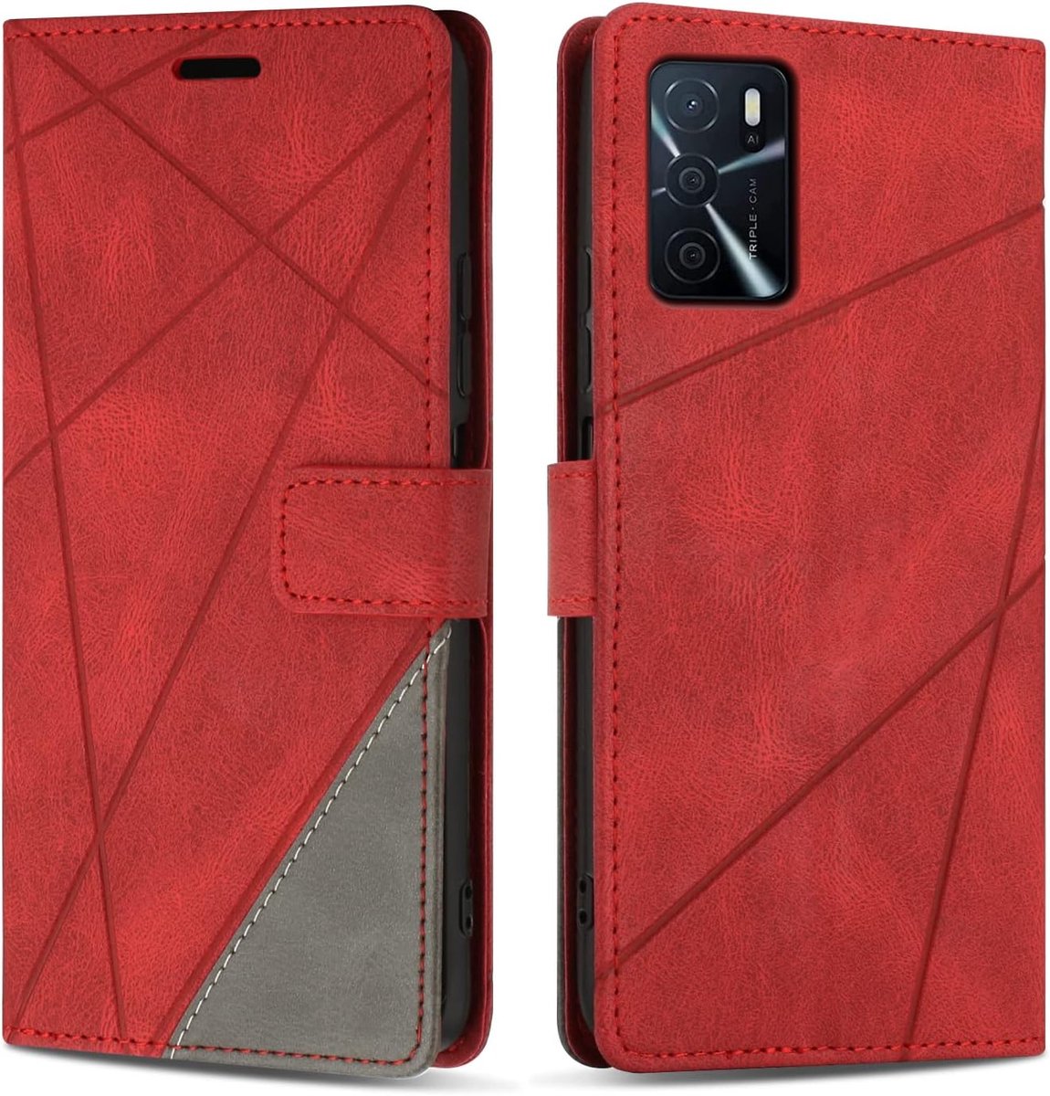 Hoesje voor OPPO A16S / A54s, Premium Lederen Portemonnee Beschermhoes Telefoonhoesjes met Kaartenvakken Beschermhoesje voor OPPO A16S / A54s, Rood