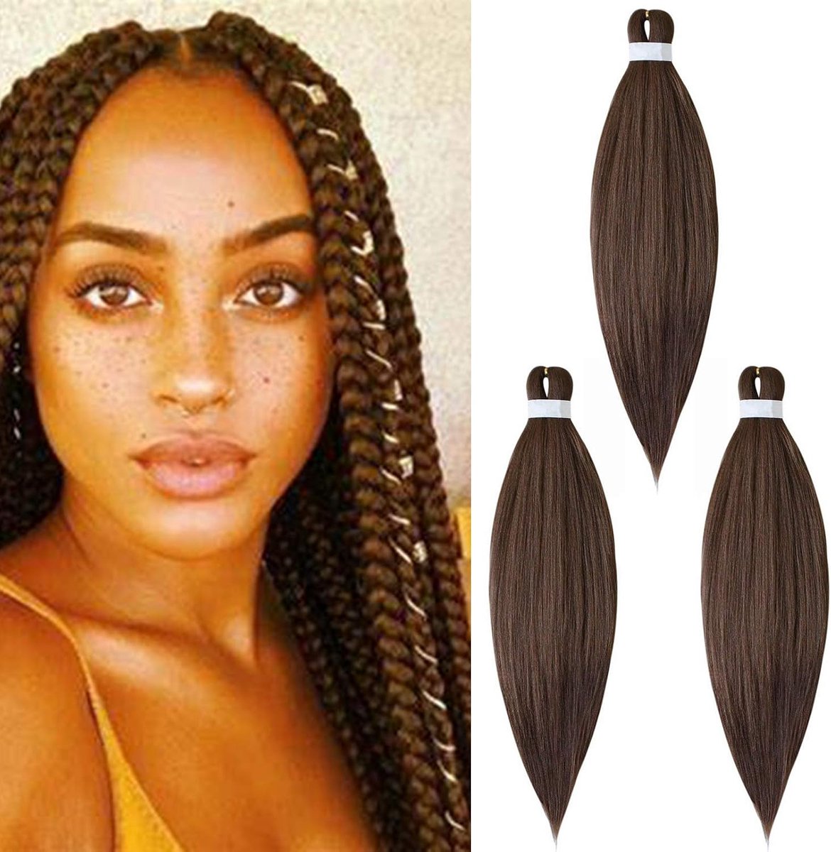 Braiding Hair 3 stuks Voorgestreken vlecht haar haarextensions Yaki EZ Voorgestreken vlecht haar kunsthaar haarverlengingen haardeel, Licht kastanjebruin