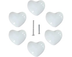 Uulu 6 stuks hartvormige knoppen, keramische knop, schattige schattige handgrepen voor kinderen, ladekast, deur, kast, slaapkamer, huis, doe-het-zelf, mooi hart met 2 soorten schroeven (wit)