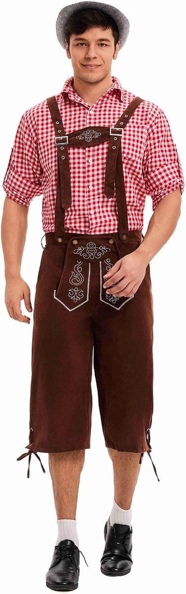 Kostuum voor heren, Oktoberfest, Beiers kostuum, carnavalskostuum, geruite overhemden, lederhose, set, cosplay, bierfeest, Duits themafeest, carnaval, kleding voor volwassenen
