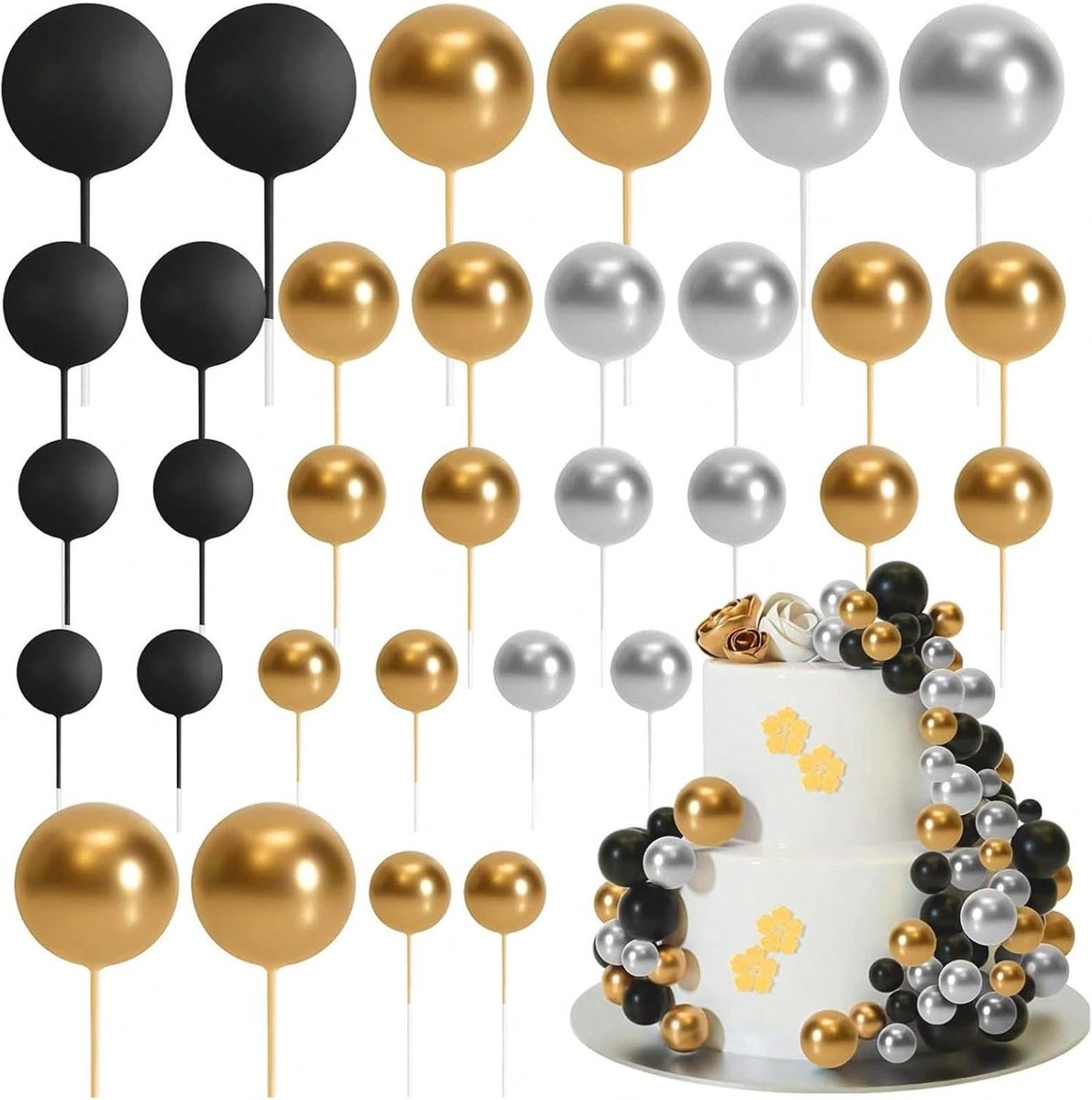 32 stuks baltaarttopper decoraties, ronde baltaartdecoratieset schuimballonnen taartdecoraties, invoegen taarttopper voor bruiloftsfeest verjaardagstaart decoratie (goud, zilver, zwart)