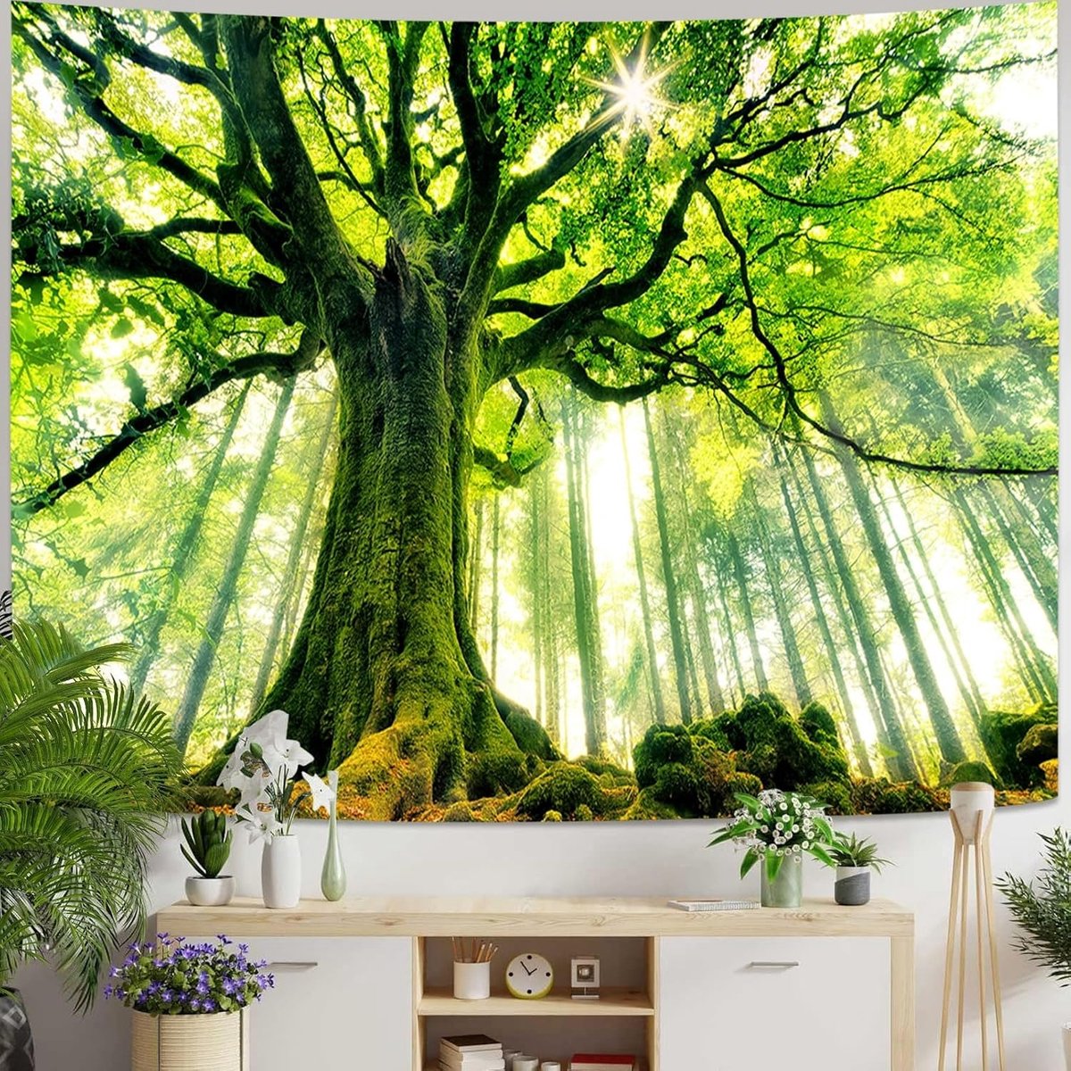 Wandtapijt Bos Natuur Landschap Muur Opknoping, Muurdoek Groen Wandtapijt Boom Zonsopgang Wandtapijt Jungle Muur Handdoeken Wandtapijt 350 x 256 cm