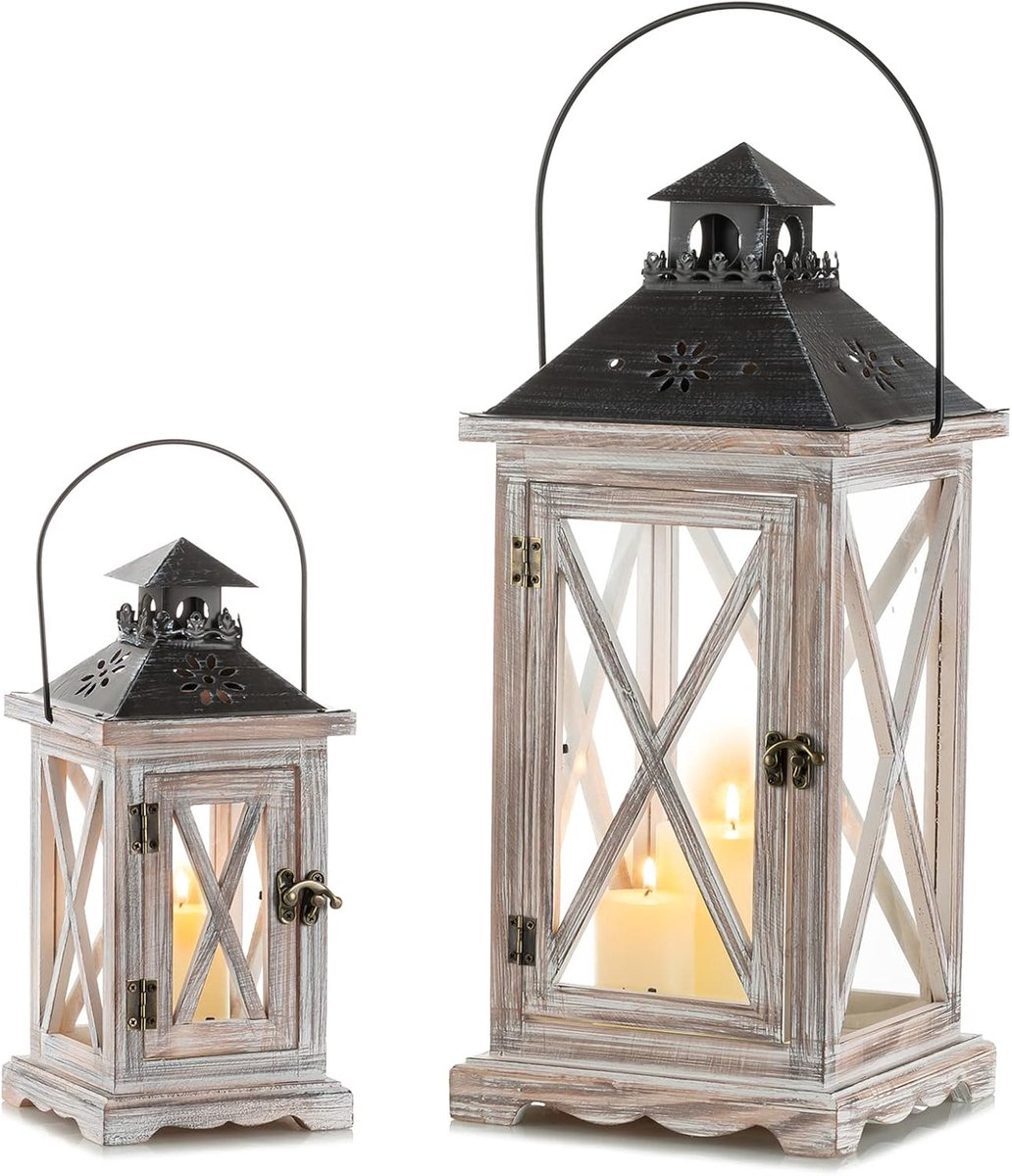 Vintage noodlijdende houten metalen decoratieve lantaarn set van 2 - 28 cm & 48 cm tafel en hangende lantaarn voor rustieke shabby bruiloft middelpunt - binnen en buiten decor