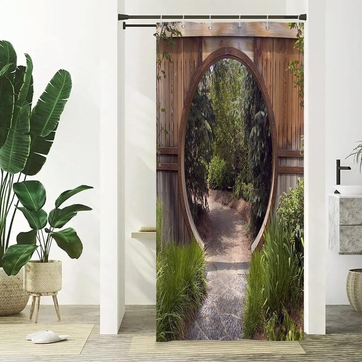 Tuin douchegordijn 3D lente natuur landschap badkamer gordijn cirkel rustiek houten deuropening poort pad groene boom schimmelbestendig machine wasbaar douchegordijn 90 x 180 cm