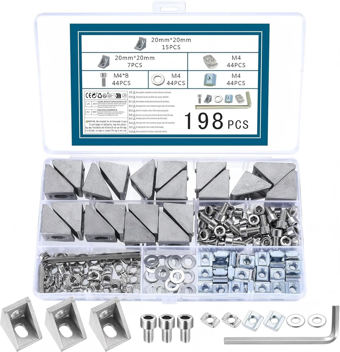 Aluminium profielen, 22 stuks, 20 x 20 cm, groefs, 6 hoekverbinders, 20 x 20, L-hoekhoek, 90 graden, bevestigingsmateriaal voor 2020 stangprofiel