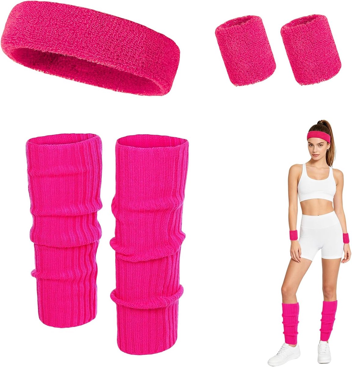 Accessoires uit de jaren 80 voor vrouwen, inclusief hoofdband, armbanden en benenbanden, levendige kleuren, ideaal voor themaffeesten, cosplay of dagelijks gebruik