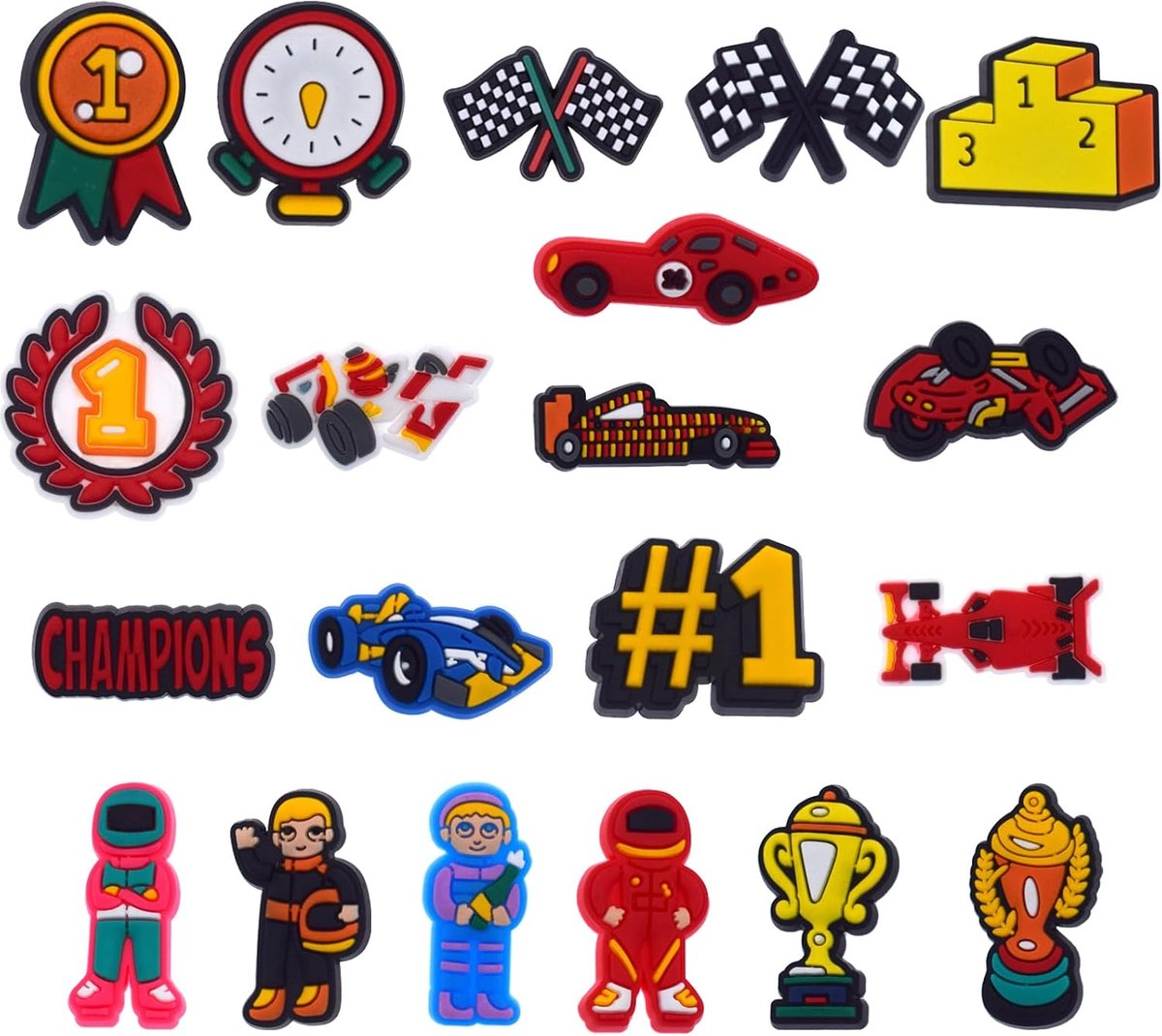 Bedels, cartoonschoenbedels, doe-het-zelf schattig racethema, schoenbedels, kettingdecoratie, schoenhangers, bedels voor volwassenen en kinderen