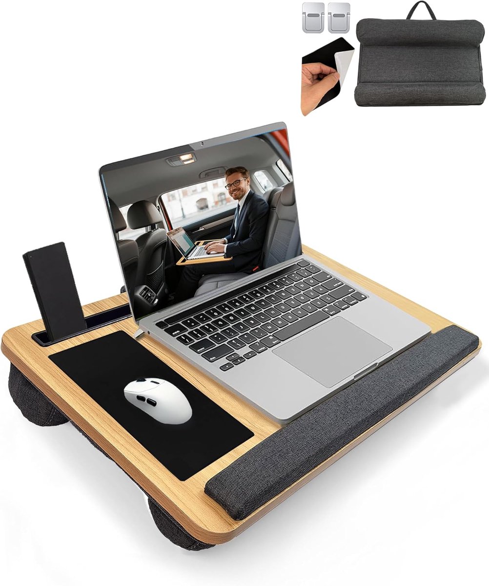 Laptopkussen met kussen BxD 55x 34cm,schootkussen laptop met telefoonhouder past tot 17,3 inch laptop voor bank, bed - Lichtbruin