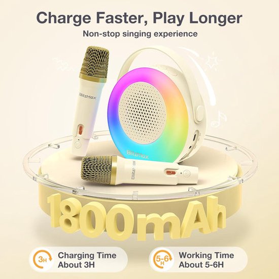 Karaoke-machine met 2 draadloze microfoons, Bluetooth-karaoke-luidspreker voor kinderen en volwassenen - Beige — afbeelding 4