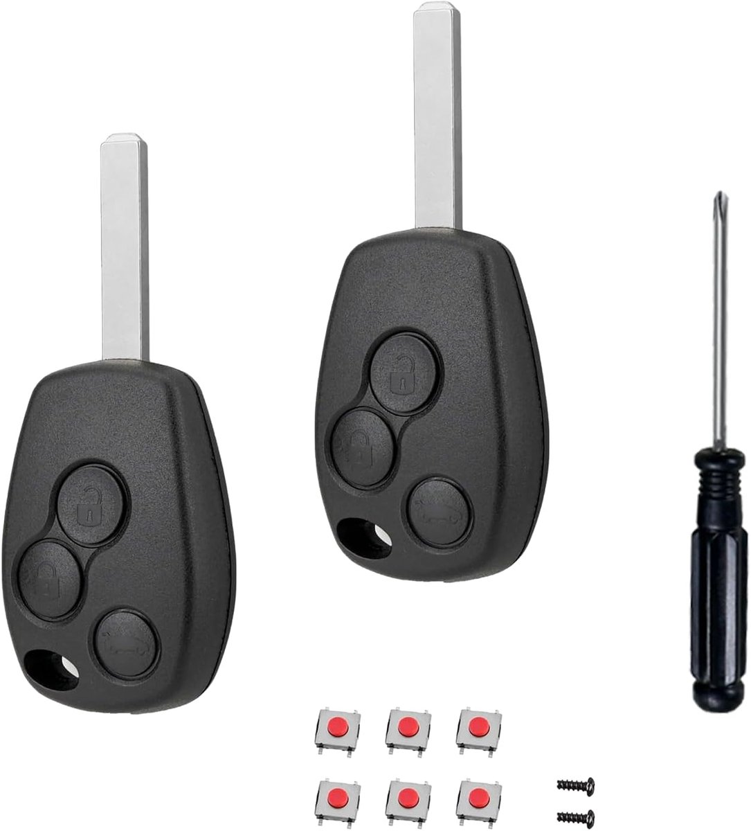 2× Autosleutelbehuizing 3-Knops met Sleutelblad + 6 Microtastjes & Precisieschroevendraaier — Geldt voor Renault Master, Twingo, Kangoo, Modus, Dacia Clio, Trafic
