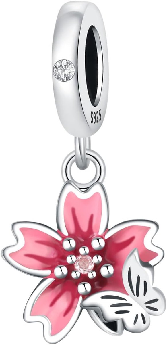 925 sterling zilver roze bloem & vlinder bedel met email, compatibel met Pandora armband