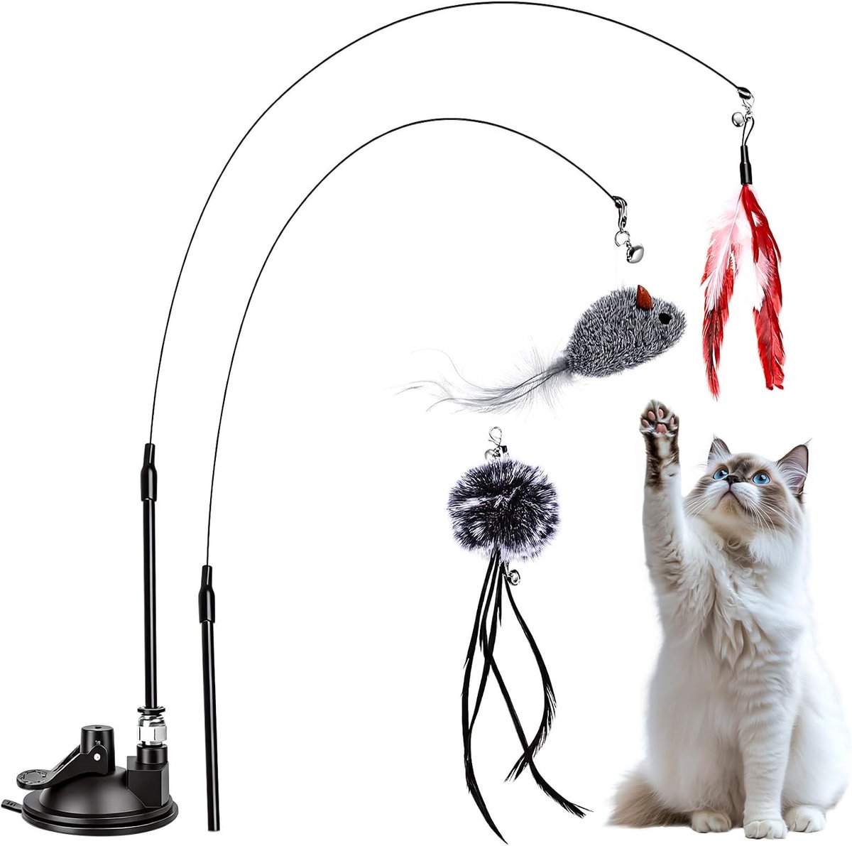 2 stuks interactief kattenspeelgoed, stabiele kattenhengel, kattenspeelgoed hengel met veren, kattenspeelgoed met vogel, veerspeelgoed voor kattenstok speelgoed met zuignap, met 3 vogels