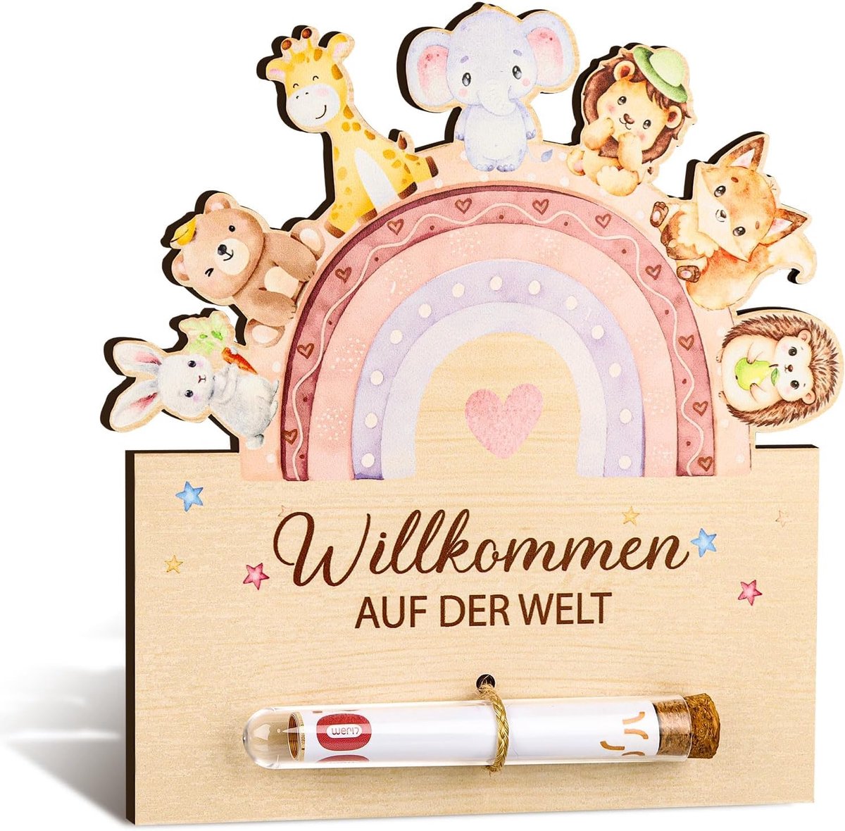 Geldgeschenk voor geboorte, houten standaard baby welkom op de wereld met reageerbuis voor geldcadeau, regenboog met dieren, cadeau voor geboorte voor jongens en meisjes, babycadeau van hout