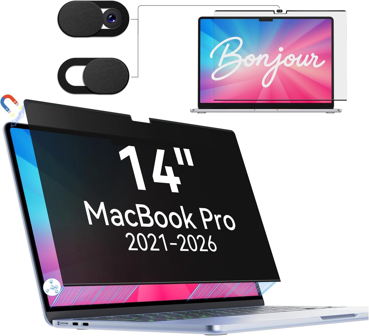 Privacyfilter voor MacBook Pro 14 inch (2021-2026, M1, M2, M3, M4, M5), afneembaar, anti-spionage, blauw licht, beschermt het scherm