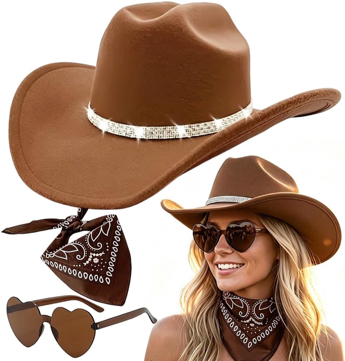 Cowboyhoed voor dames, western cowbohoed, cowgirlhoed met bril in hartvorm, bandana, cowboyhoeden, voor dames, Halloween en carnaval, A1