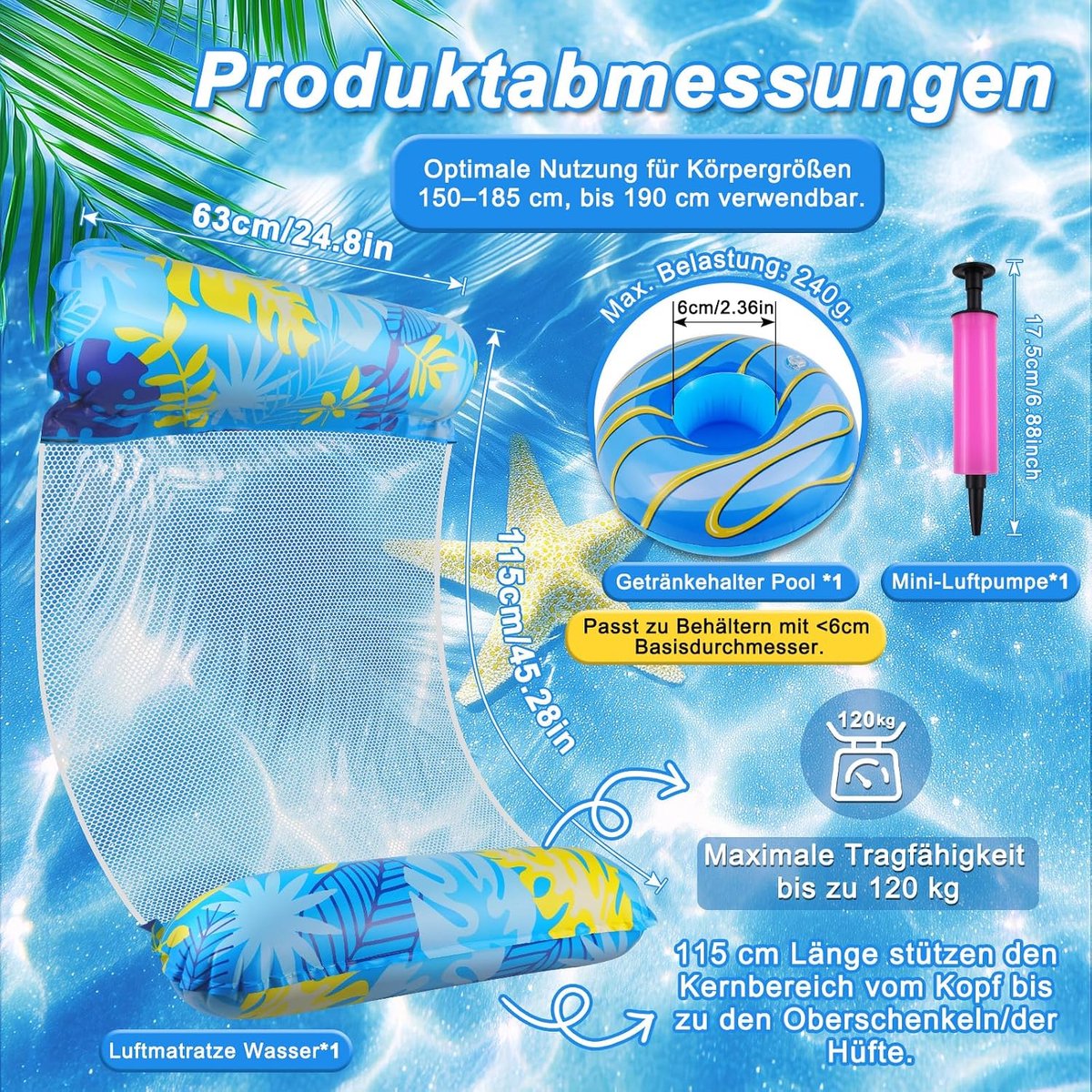 4 in1 Opblaasbaar Zwembadmatras voor Volwassenen, drijvend hangmat 135×70cm, duurzaam PVC, opvouw en draagbaar, met luchtpomp en opblaasbare bekerhouder, voor zwembad, strand, zomerse ontspanning