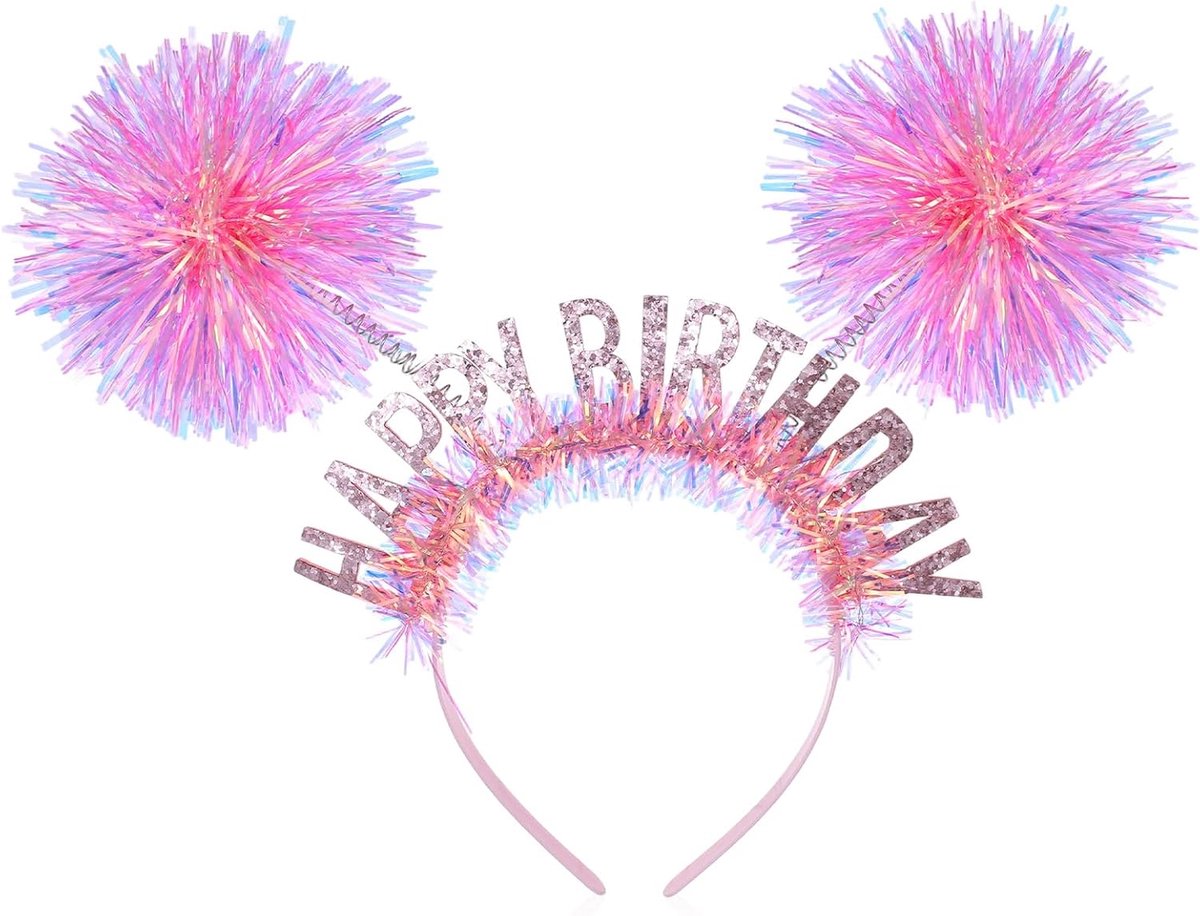 Kroon voor meisjes en vrouwen, Happy Birthday haarband met pompons, haaraccessoires, hoed voor prinsessen, volwassenen en kinderen, feest (roze)