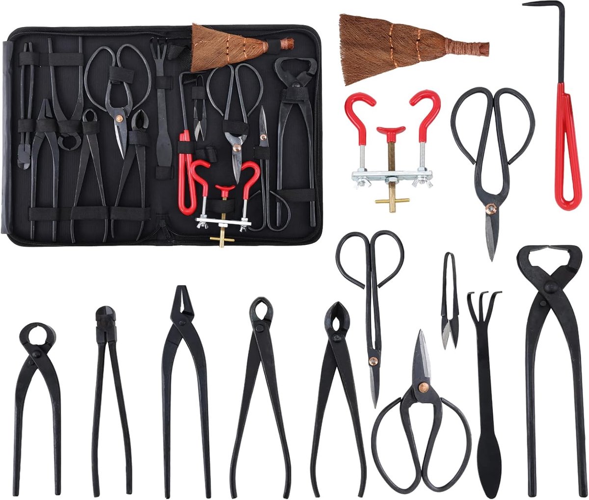 SnelShoppen - 14 Delige Bonsai Gereedschap Set - Professionele Carbon Stalen Tuin Tools - Fork, Concave Cutter, Case en Separator voor Bonsai Liefhebb