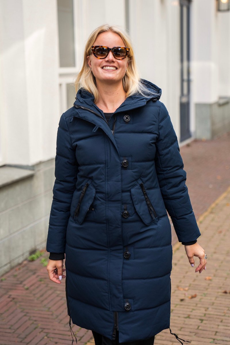 Lange Donkerblauwe Winterjas Dames - Gewatteerd en Getailleerd - Maat 46