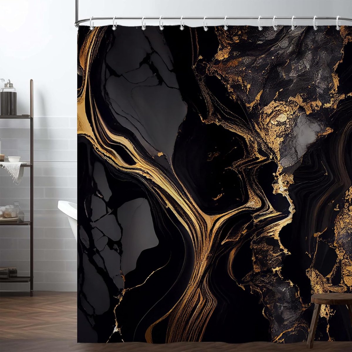SnelShoppen - Luxe Zwarte Marmeren Douchegordijn 180x180cm Abstract Goud Textuur Waterdicht Badkamer Gordijn Modern Aesthetisch Decoratief Design