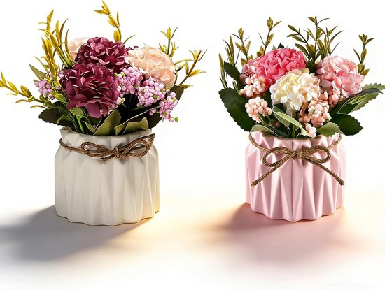 2 stuks Kunstbloemen in pot, Hortensia van zijde, Boeket met vaas, voor tafel, boekenplank, slaapkamer, woonkamer. - ShopVlot