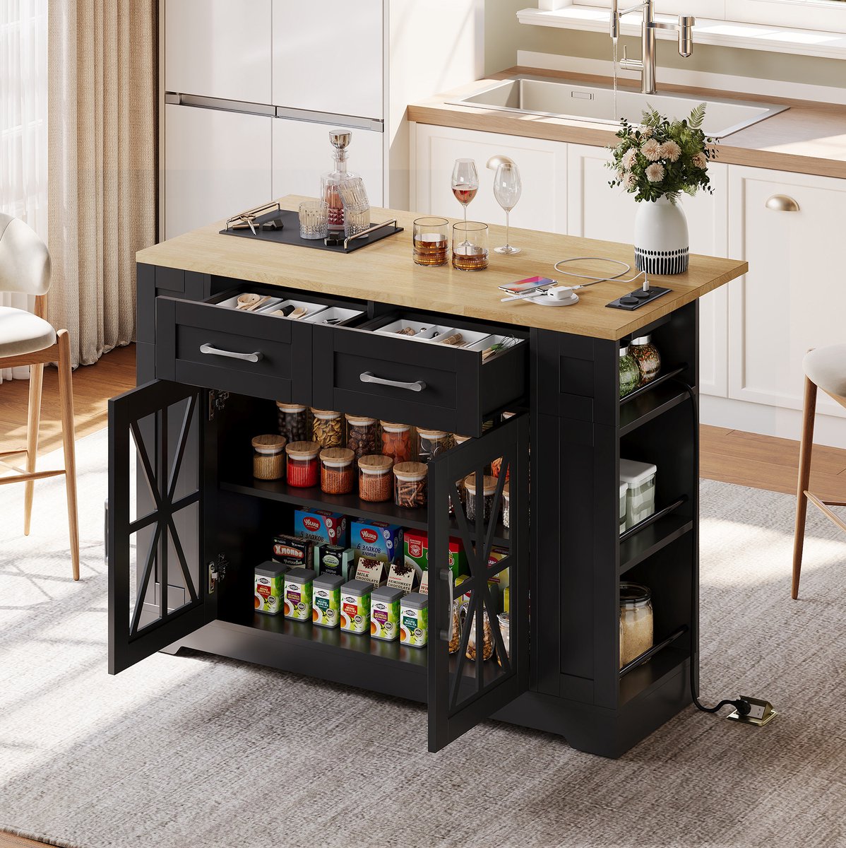 WUVRIE - Keukeneiland 120 x 40(65) x 92 cm - Klaptafel, opbergruimte, AC en USB - Zwart/naturel