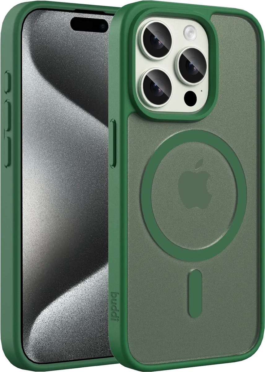 Buddi Frost Hoesje Geschikt voor Apple iPhone 15 Pro - Mat Groen - MagSafe Back Cover - Matchende kleur - Shockproof - Slank