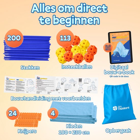 Inhoud van het fort bouwpakket: 200 blauwe stokken, 113 oranje/gele insteekballen, 24 knijpers, 4 blauwe kleden (180x230 cm), een bouwhandleiding, een digitaal e-book en een opbergzak.