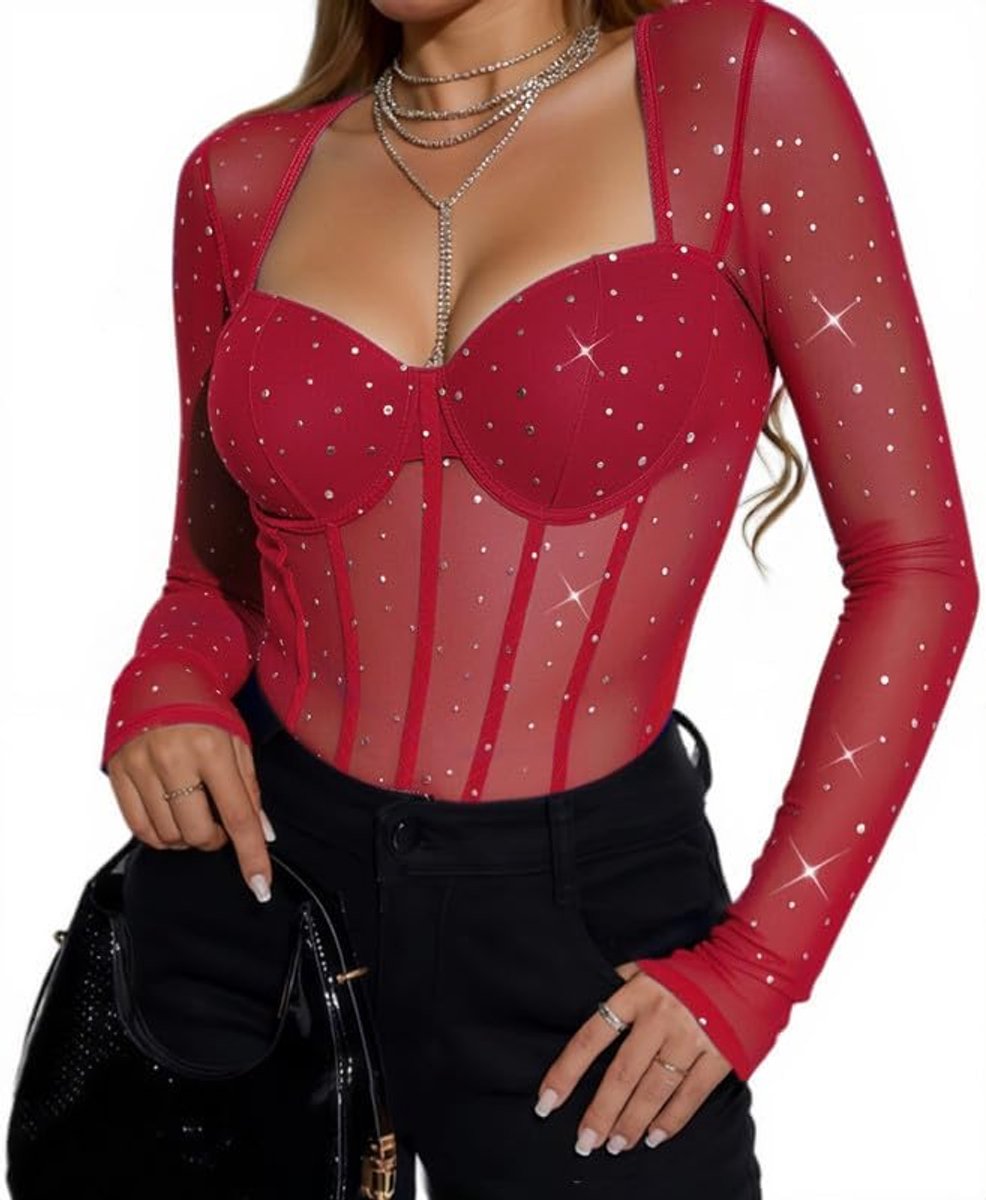 Bodysuit voor dames, lange mouwen, sexy, glinsterend, bodysuit van transparante netstof, nauwsluitend, bodysuits met hartuitsnijding, elegante jumpsuits tops met drukknopen, blouse, top