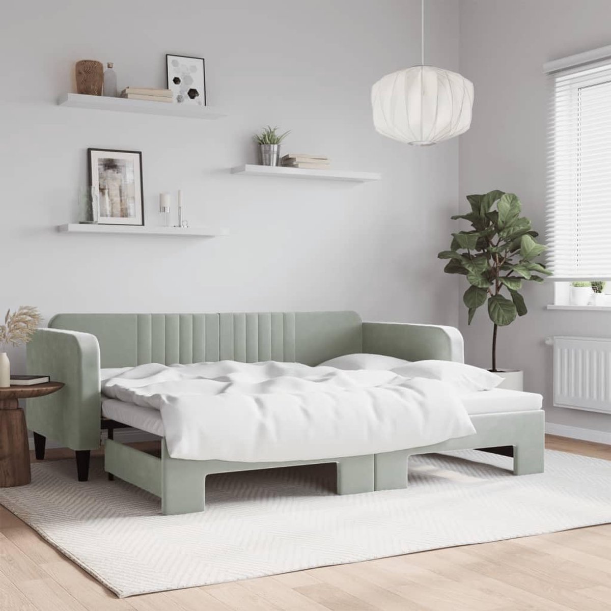 Dagbed, sofa, bed, lichtgrijs, 90 x 200 cm, fluwelen hoes, moderne slaapbank met rolkast