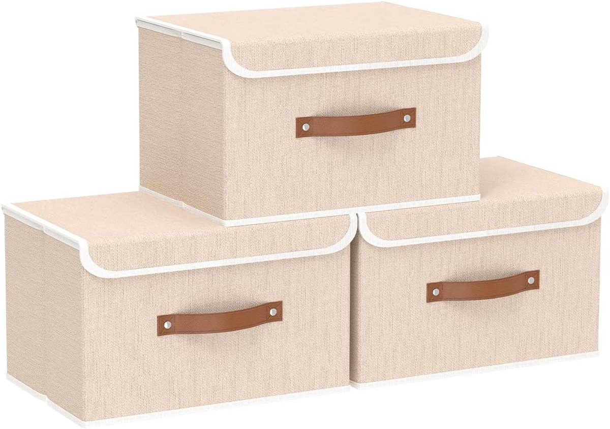 3-Delige Opbergdozen met Deksel, Opvouwbare Stoffen Boxen, Kledingopbergvak, voor Slaapkamer, Kleding Opbergen, 26x20x17cm, Beige, SNK018BEN-3