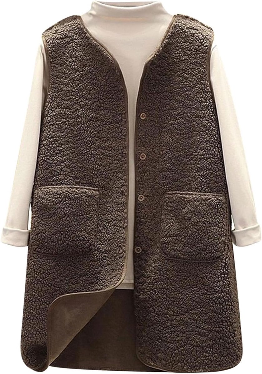 Lange teddy fleece gilet voor vrouwen, UK dames lichtgewicht bodywarmers mouwloze jassen button down vest top vest polar fleece V-hals jas winterjassen met zakken