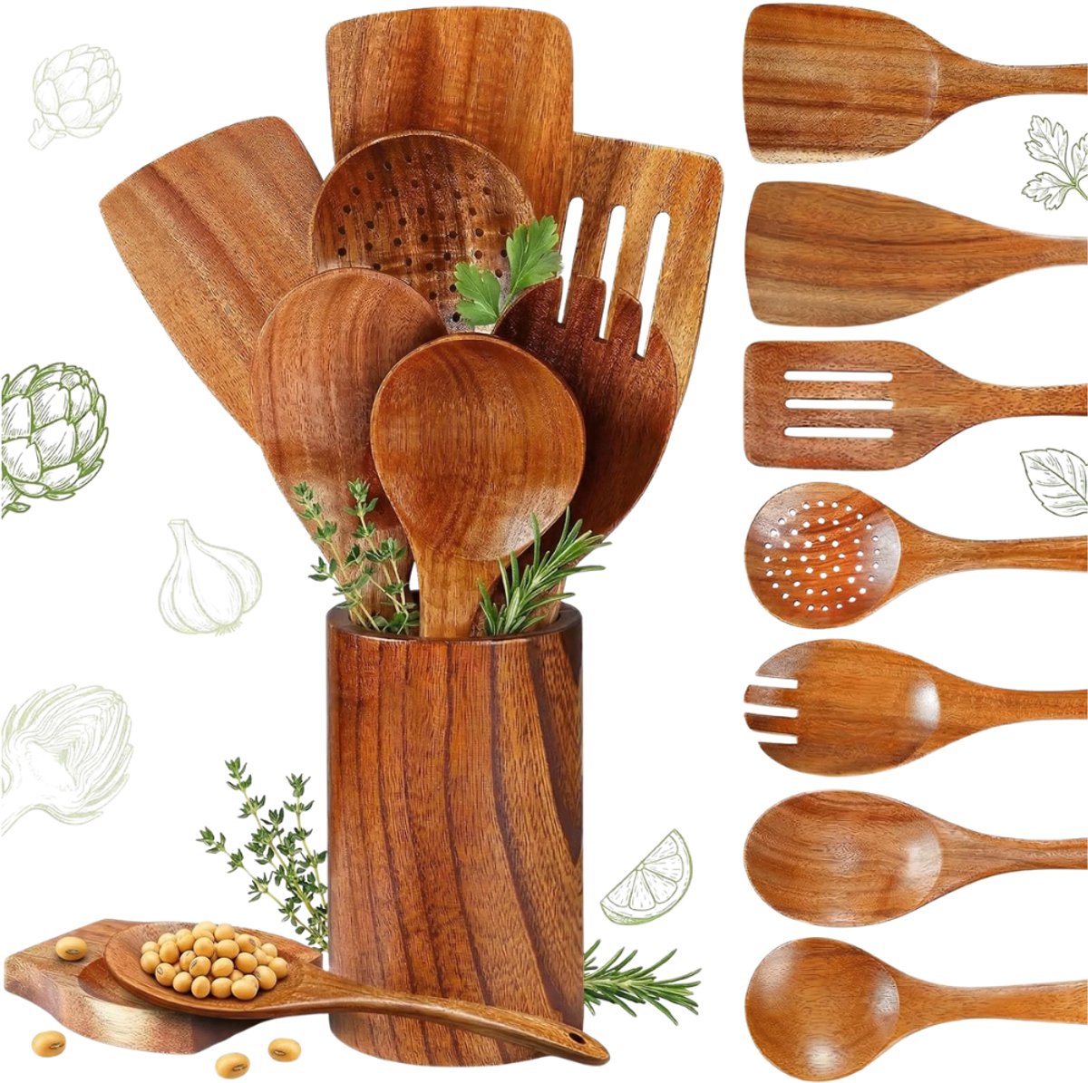 Verte - Keukengerei Set met Houder - Houten Kooklepelset - 9-Delig - Comfortabele Greep - Antiaanbaklaag - Houten Spatel - Soeplepel