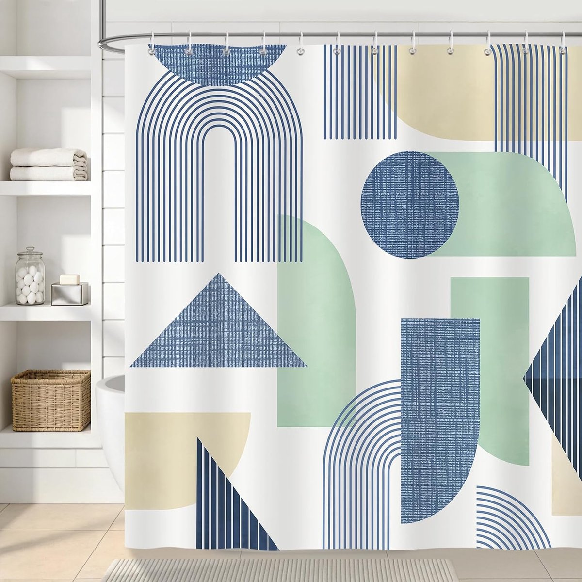 Boho douchegordijn, geometrische boog, halverwege de eeuw, abstract, modern badkamergordijn, 180 x 180 cm, waterafstotend, schimmelbestendig polyester met 12 haken