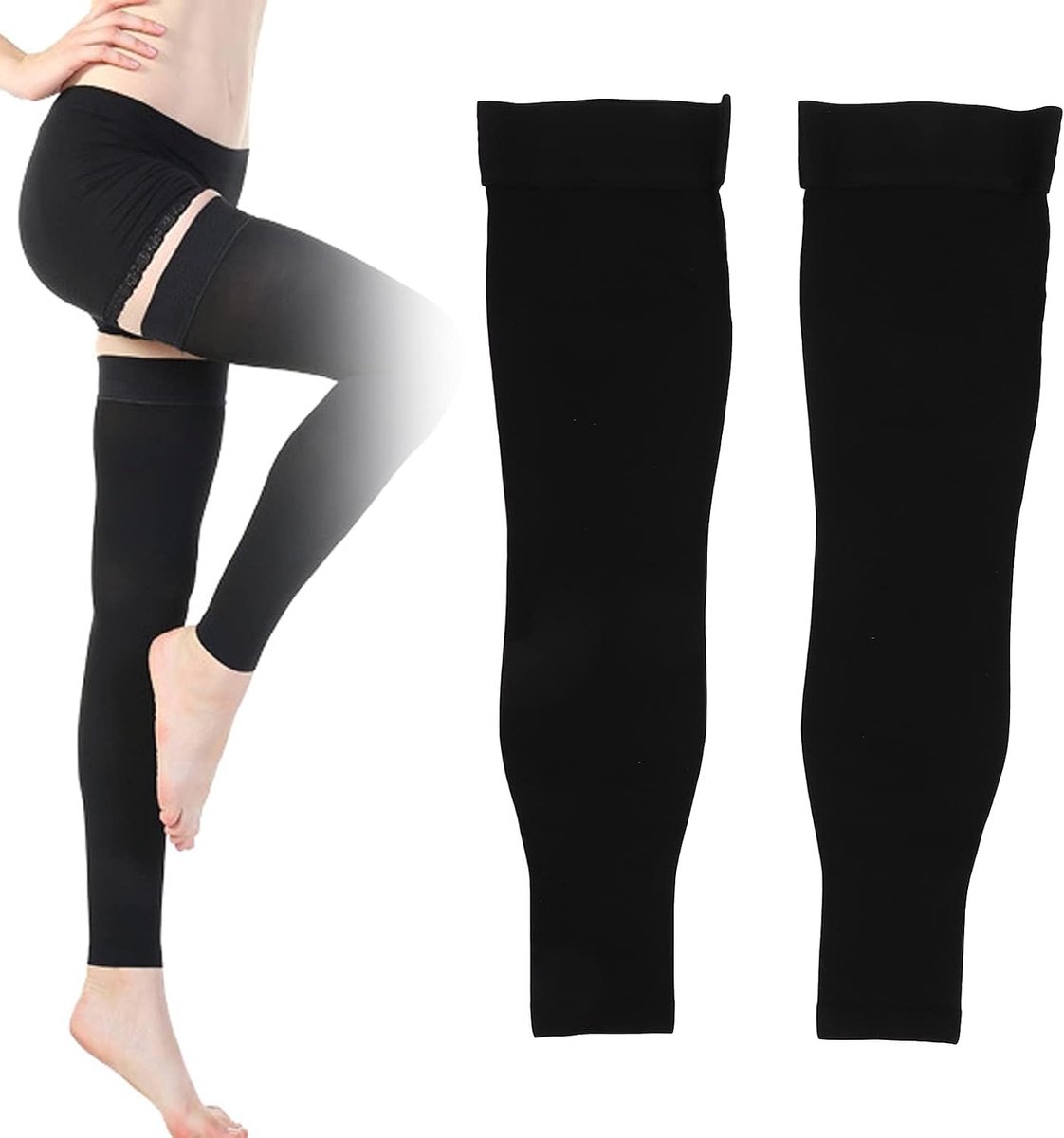 1 paar compressiekousen voor het hele been, dij hoge teenloze antislip compressiekousen voor dames, ondersteuning voor knie, dij, kuit, artritis en sport (zwart)(XXL)
