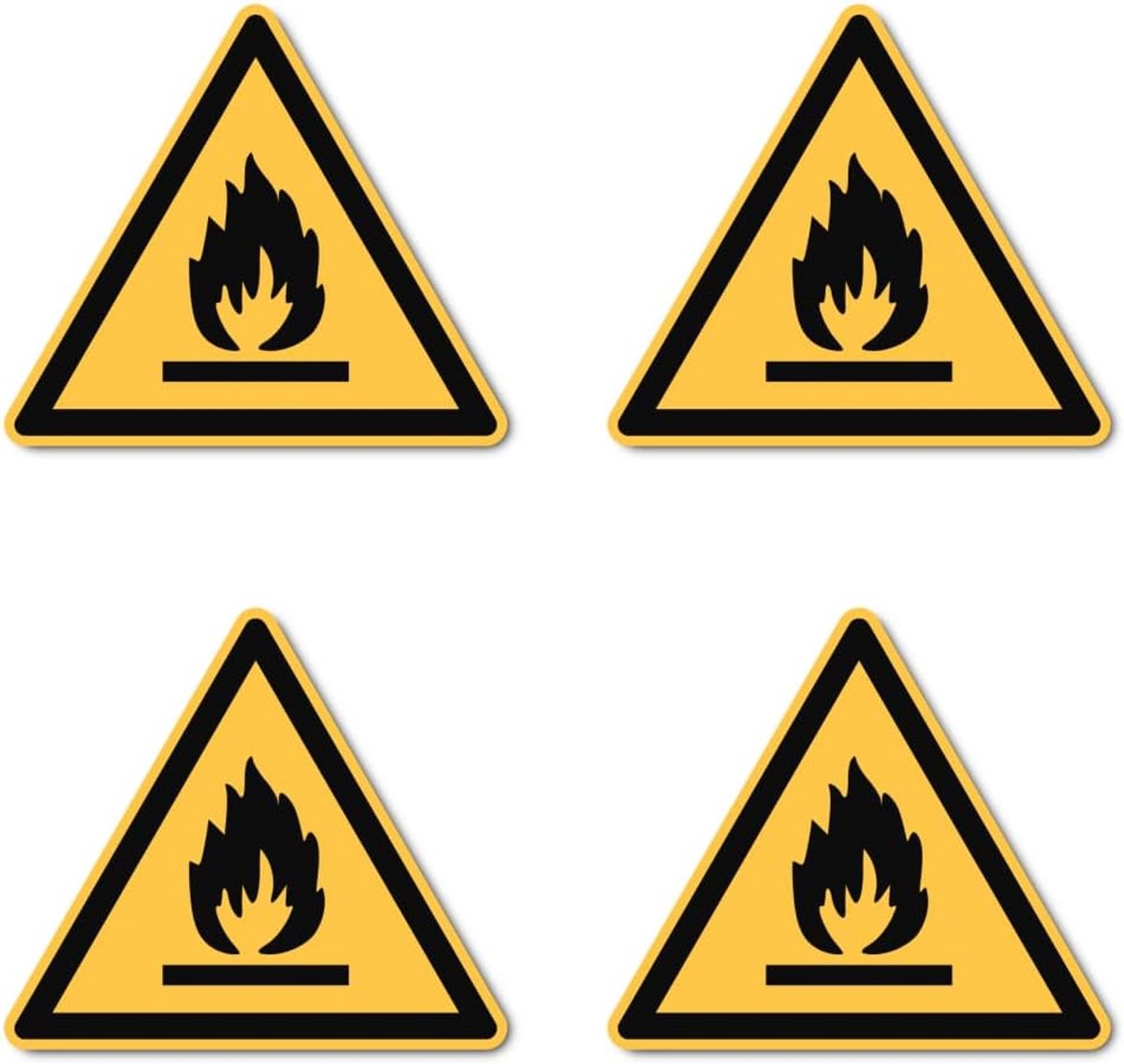 Waarschuwing voor brandgevaarlijke stoffen: W021 - DIN EN ISO 7010 / ASR A1.3 - Stickers: Ø 10 cm, 4 stuks