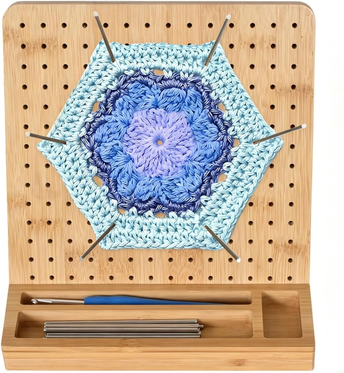 Haak- en breiprojectplank, 19,8 cm groot haakblokbord voor Granny Square, blokbord van bamboe voor haken met 20 pennen, 1 haaknaalden, 20 markers