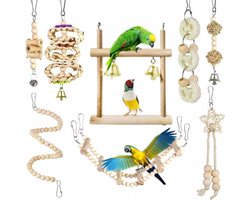 8-delige set – Speeltje voor in de vogelkooi – Speelgoed voor papegaaien om de snavel te slijpen – Houten– Eenvoudig te bevestigen – Geschikt voor papegaaien, parkieten, kleine ara's, grasparkieten