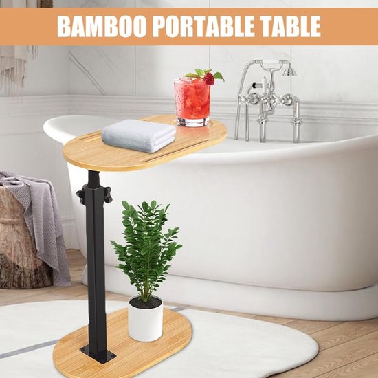 Bijzettafel C-vorm, bijzettafel, bank, in hoogte verstelbaar, 360 graden draaibaar, kleine bijzettafel, 40 x 22 cm, bamboe bijzettafels, kleine koffietafel met sleuf voor mobiele telefoon — afbeelding 4