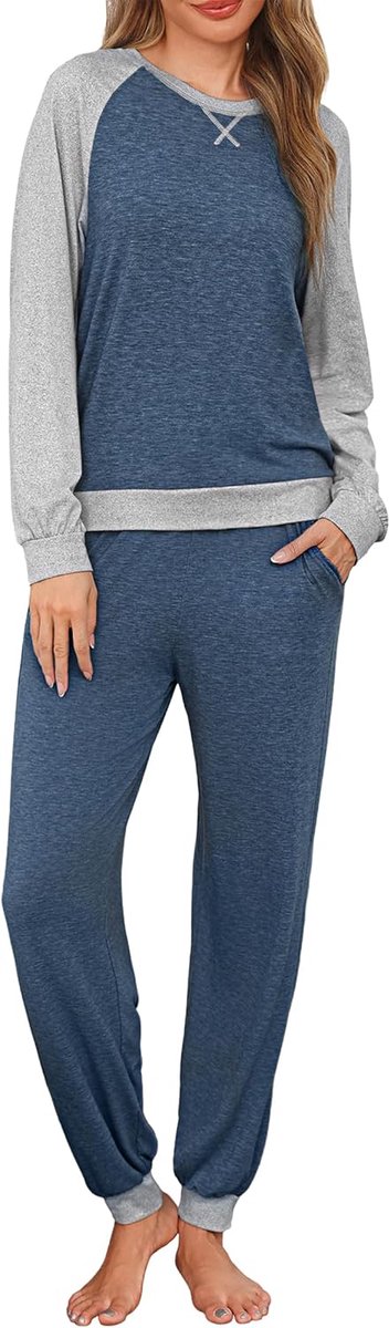 Pyjama voor vrouwen met raglanmouwen winter lange pyjamaset kleurblokkerende lichtgewicht nachtkleding pyjama top en slaapbroek met zakken