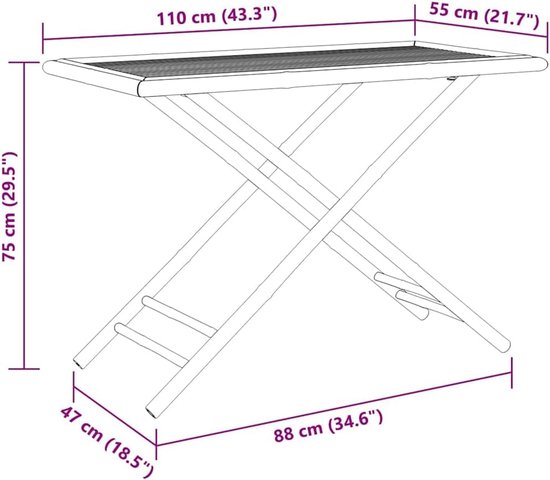 Tuintafel van bamboe, 110 x 55 x 75 cm, met lattendesign voor goede ventilatie en waterafvoer, opvouwbare tafel voor terras, tuin, binnenplaats, duurzaam en robuust — afbeelding 2