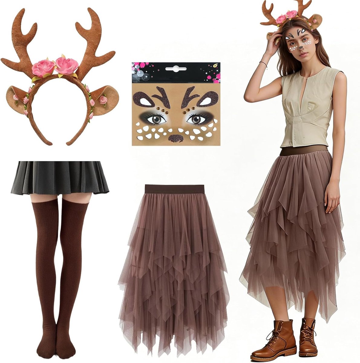 Rendierhaarband, hertenkostuum dames, rendierkostuums dames, rendiertu-rok, damesgewei-kostuums, hertenkostuum, tule rok, voor Kerstmis, cosplay, carnaval