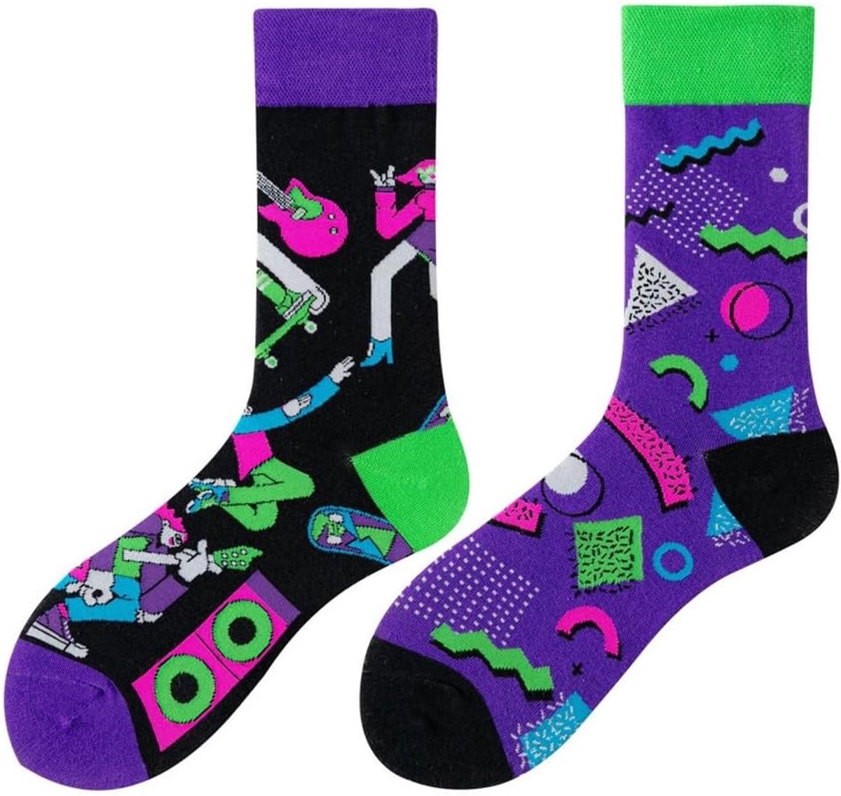 Sokken met Jaren 90 design - 36-40 - Paar verschillende sokken met Gitaren en Nineties Neon - Retro/Oldskool