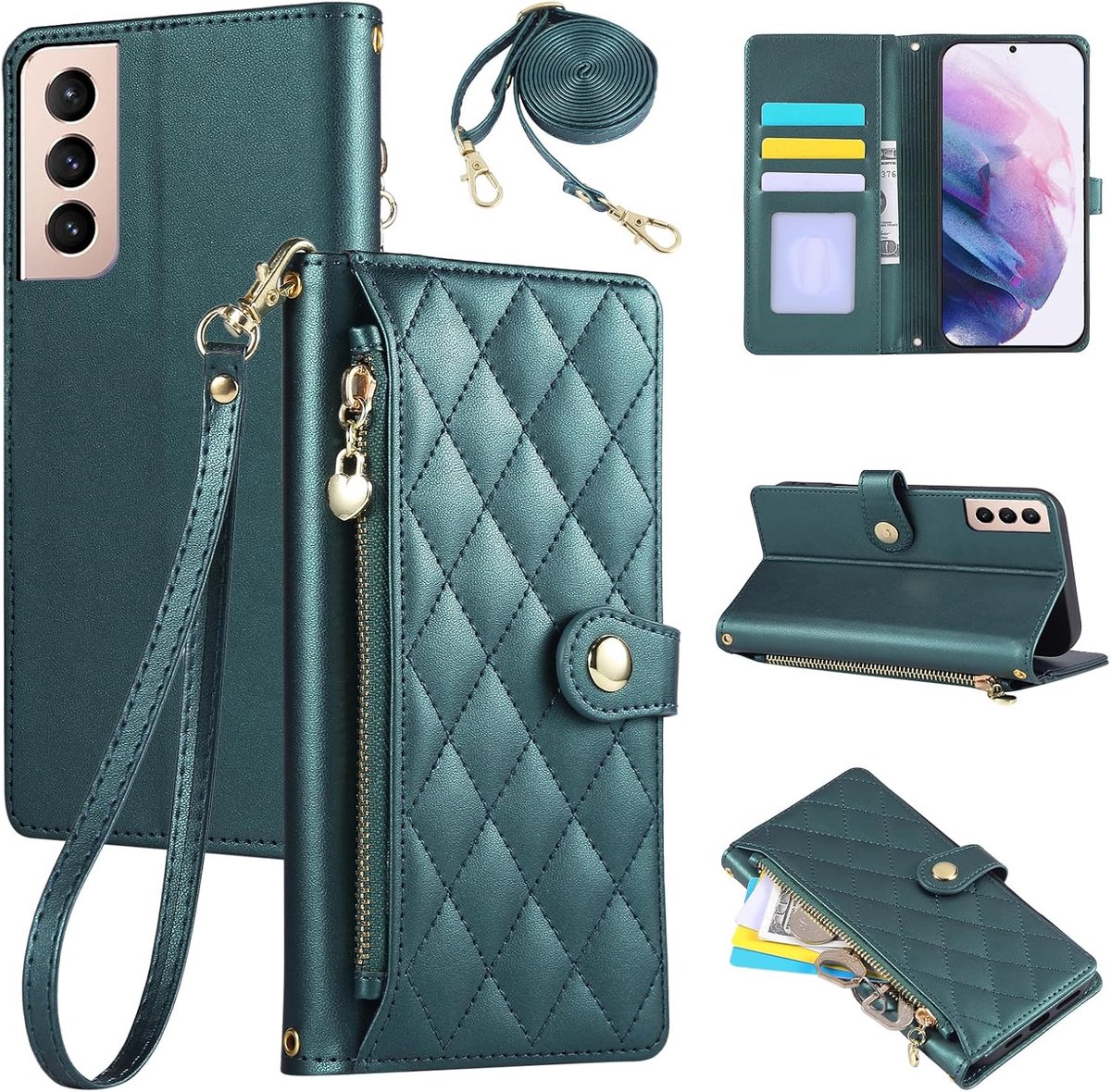 Portemonnee-hoes voor Samsung Galaxy S21 5G 2021 6,2 inch, PU-lederen mobiele telefoonhoesje met borduurwerk met diamantrooster, Galaxy S21 fliphoes met polsband en crossbody lange riem, groen
