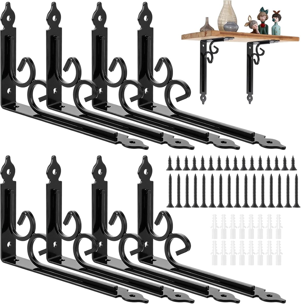 YOUNTHYE Wandplankhouders, 8 stuks, zwart, metaal, 200 x 126 x 25 mm, wandrek, 3 mm zware belasting, plankdrager, set - ShopVlot