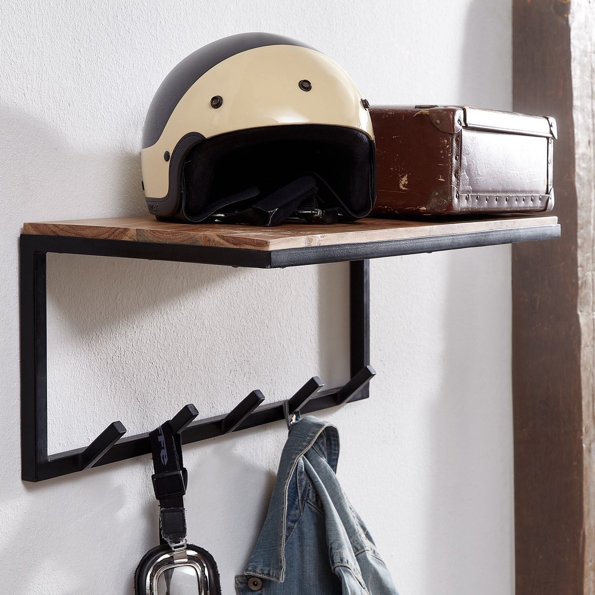 Wandkapstok hout metaal 70 cm kledingkast met plank hal haakstang