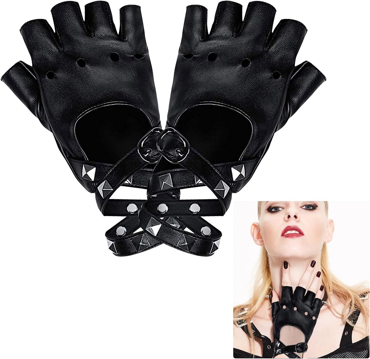 Vingervrije Leren Handschoenen met Nieten voor Punk en Disco Kostuums, Perfect voor Motorfietsgebruik en Feestjes