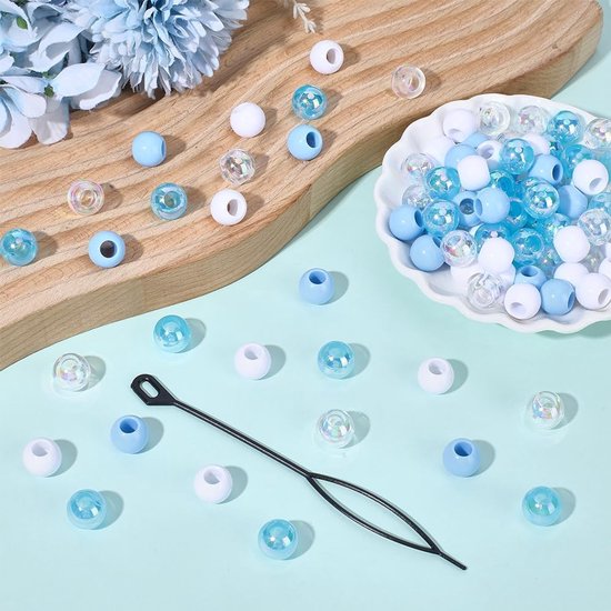 120PCS 12mm Acrylic Hair Beads Kit with Braiding Tool Large Hole Round Blue White Assorted Plastic Pony European - ShopVlot — afbeelding 3