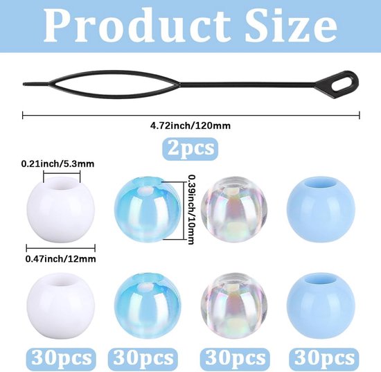 120PCS 12mm Acrylic Hair Beads Kit with Braiding Tool Large Hole Round Blue White Assorted Plastic Pony European - ShopVlot — afbeelding 5